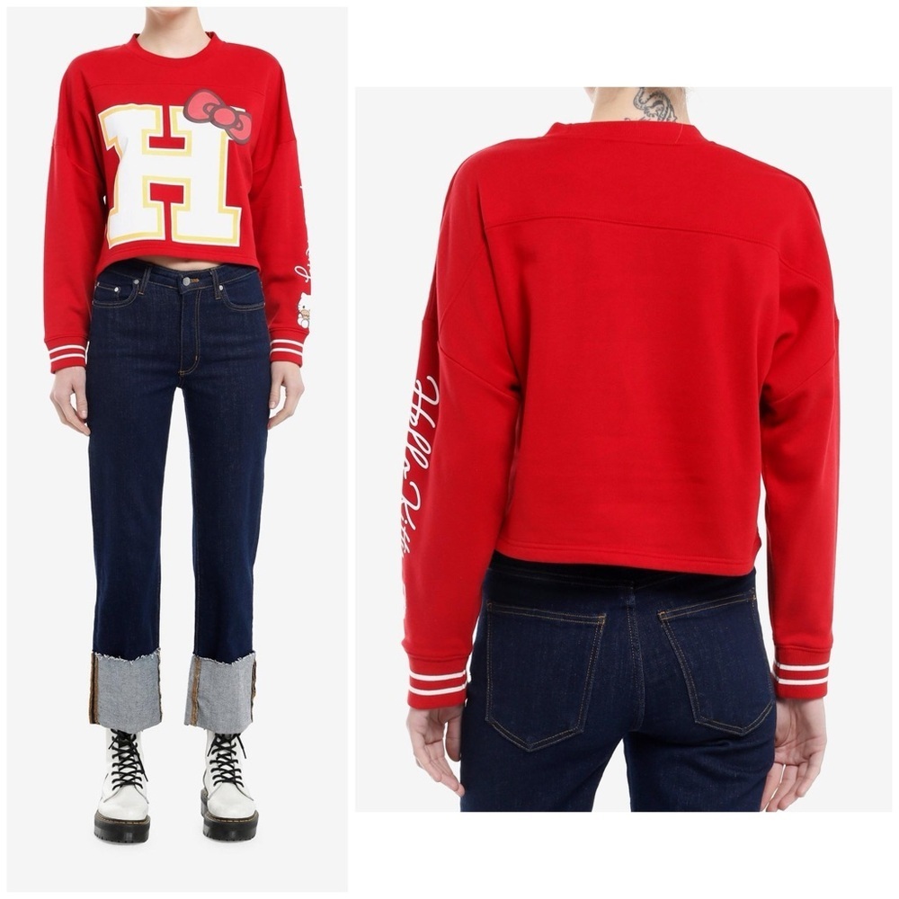 Hello Kitty Varsity Style “H” Printed Crop Sweater Red White Sz Small NWT